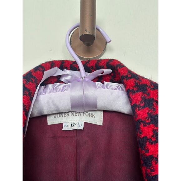 Vintage 100% Wool Blazer Collared Jacket Business Office Navy Red Houndstooth - Picture 6 of 12